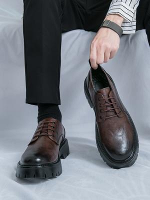 Fashion New Thick Bottom Round-Toe School Style Leather Shoes Men Lace-up Business Shoes Korea Style Fashion Shoes