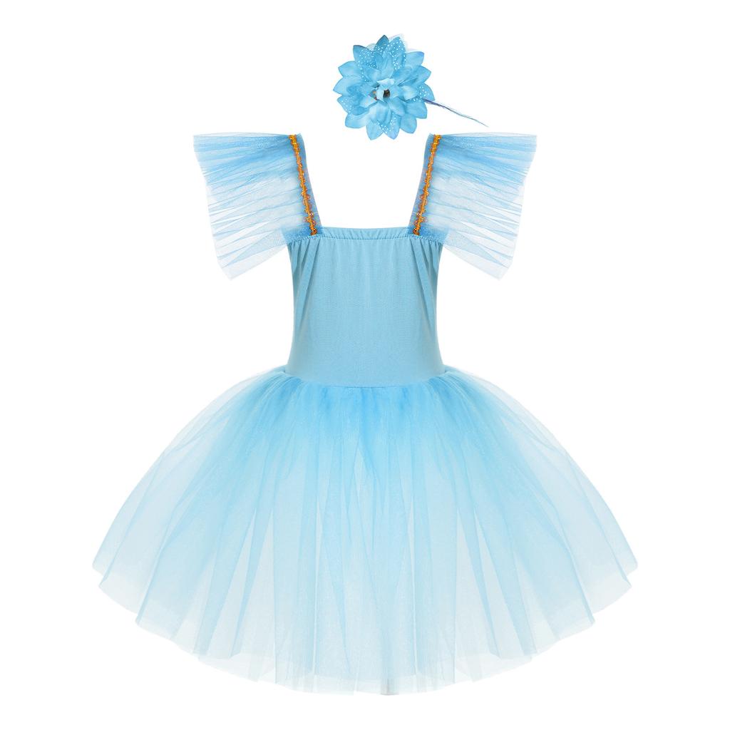 Girls Mesh Dance Dress Flutter Sleeve Spaghetti Straps Lace Floral Tutu Skirt Performance Outfit with Headdress