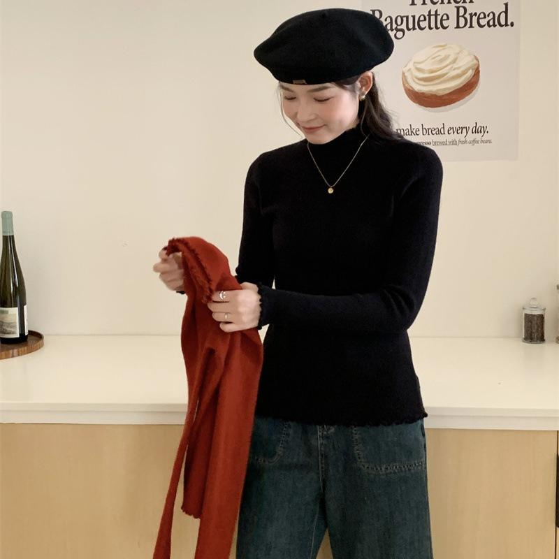 

Реальное фото Корейский топ с оборками, длинным рукавом и облегающего кроя для женщин, универсальный базовый пуловер One Size чёрный