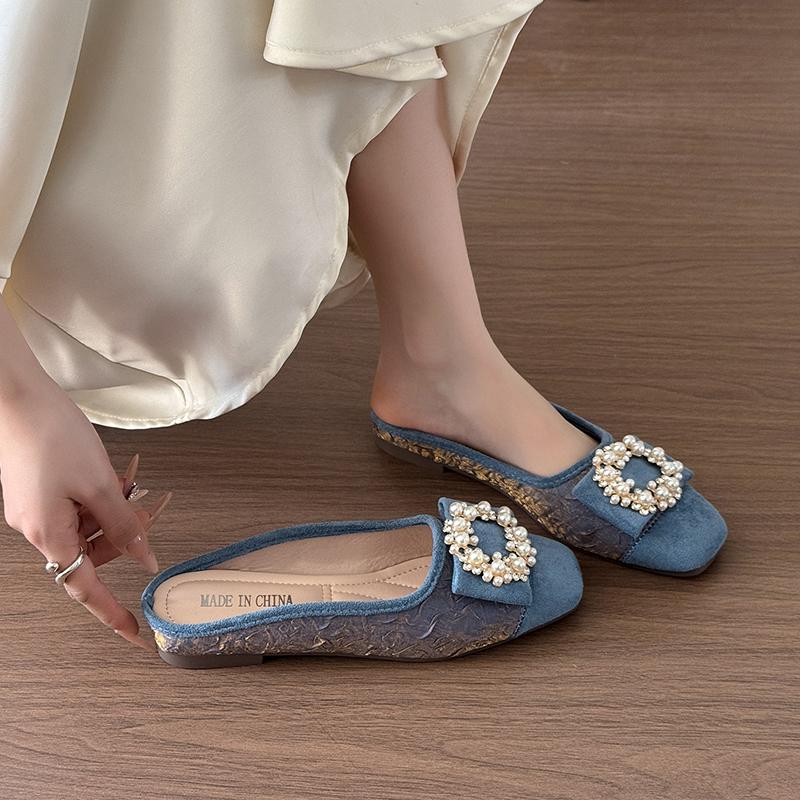 Fashion 2025 Spring/Summer New Fashion Rhinestone Button Flat Bottom Shoes Satin Shallow Mouth Head Casual Women's Shoes