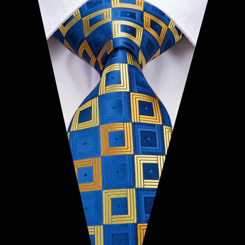 Hi-Tie Pánská modrá kravatová sada Vysoce kvalitní kostkovaná kravata Kapesníček Manžetové knoflíčky Sada pro obchodní kancelář Pány