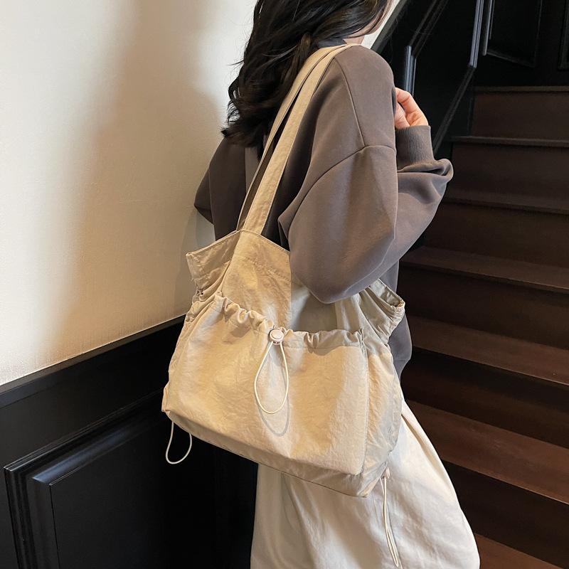 Fashion Drawstring Handheld Cloth Bag Women's Large-capacity Simple Casual Shopping Shoulder Bag Lightweight Student Class Tote Bag