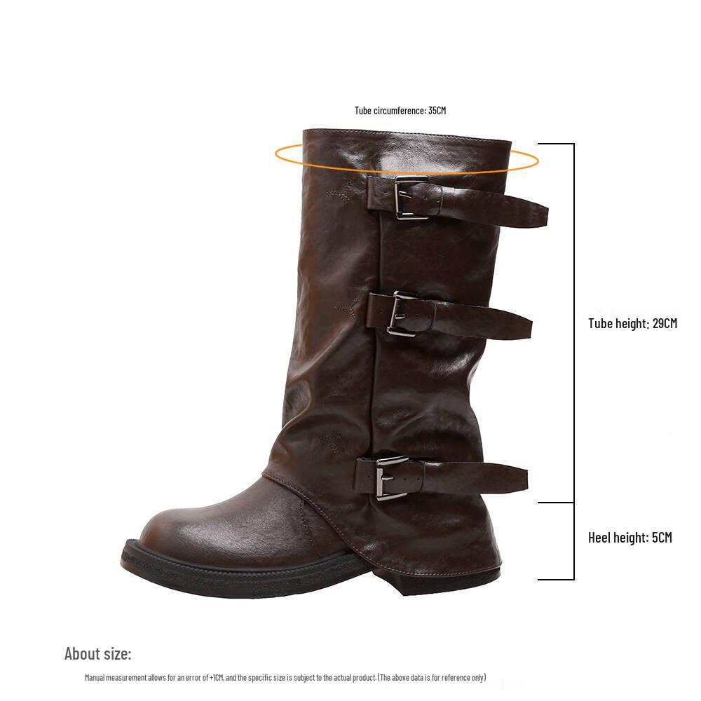 8cm Hidden Heel Women's Mid-Calf Boots - 2025 Autumn/Winter Collection, Thick Sole with Buckle & Wrinkled Design.