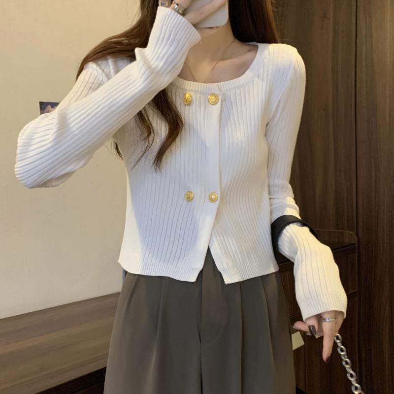 Soft Vibe Square Neck Chic Knit Cardigan Women's Autumn & Winter Elegant Slimming Short Sweater Outer Jacket