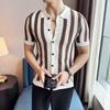 Letní pruhované pletené pánské tričko Slim Fit s klopou Ležérní košile Módní pletené topy s krátkým rukávem