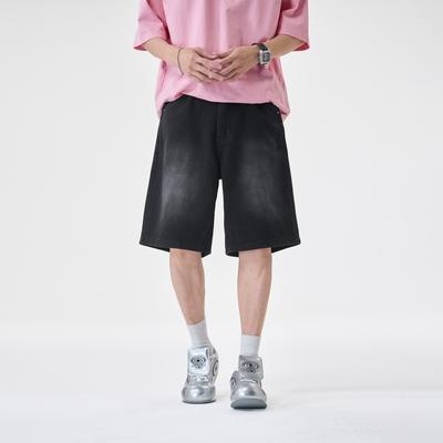 Black American High Street Trendy Brand Loose Pants Straight Denim Shorts Summer Vintage Five-point Casual Pants