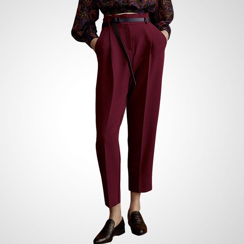 

Бордовые осенние модные брюки гаремы с высокой посадкой, подходящие ко всему Burgundy(Black Belt) L(In stock)