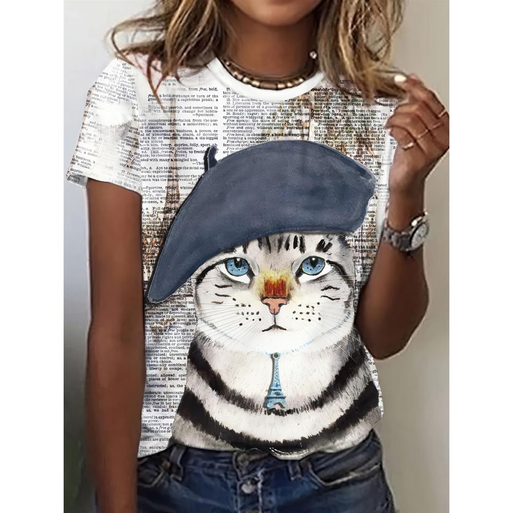Women Cat Print Design Harajuku Casual Short Sleeved Top Fashionable Trend