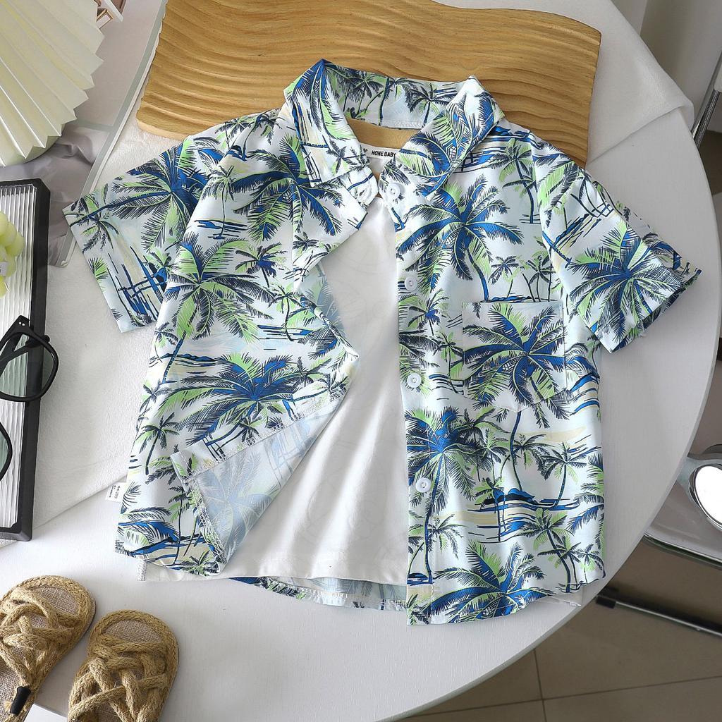 Boys' Beach Vacation Style Shirt - Summer Children's Stylish Loose Short-Sleeved Shirt