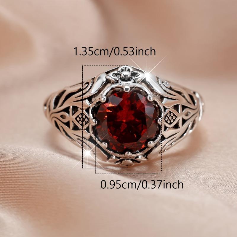 Vintage CopperColor Hollowed Out Carved Pattern Red Inlaid Zircon Ring, Women's Trendy Holiday Accessory Gift