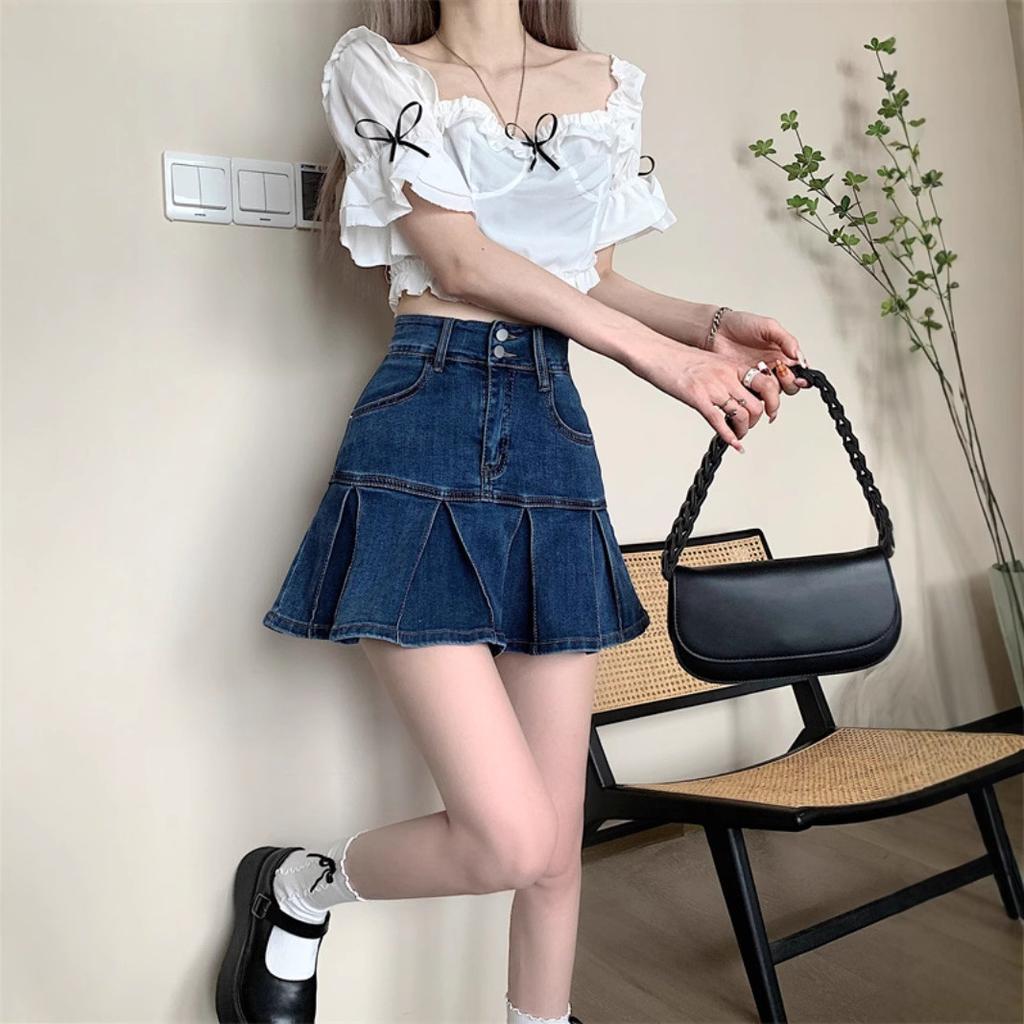A word design sense retro high waist denim skirt women's new Spice Girl thin ruffle edge pleated skirt