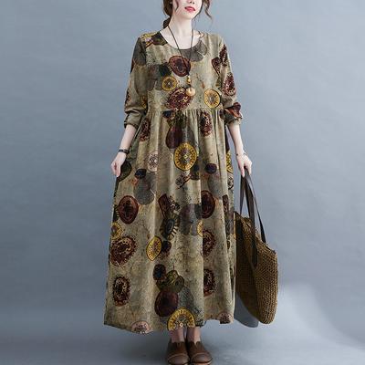Summer Round Neck Belly Covering Plus Size Loose Age Reducing Cotton Linen Long Sleeved Dress for Women