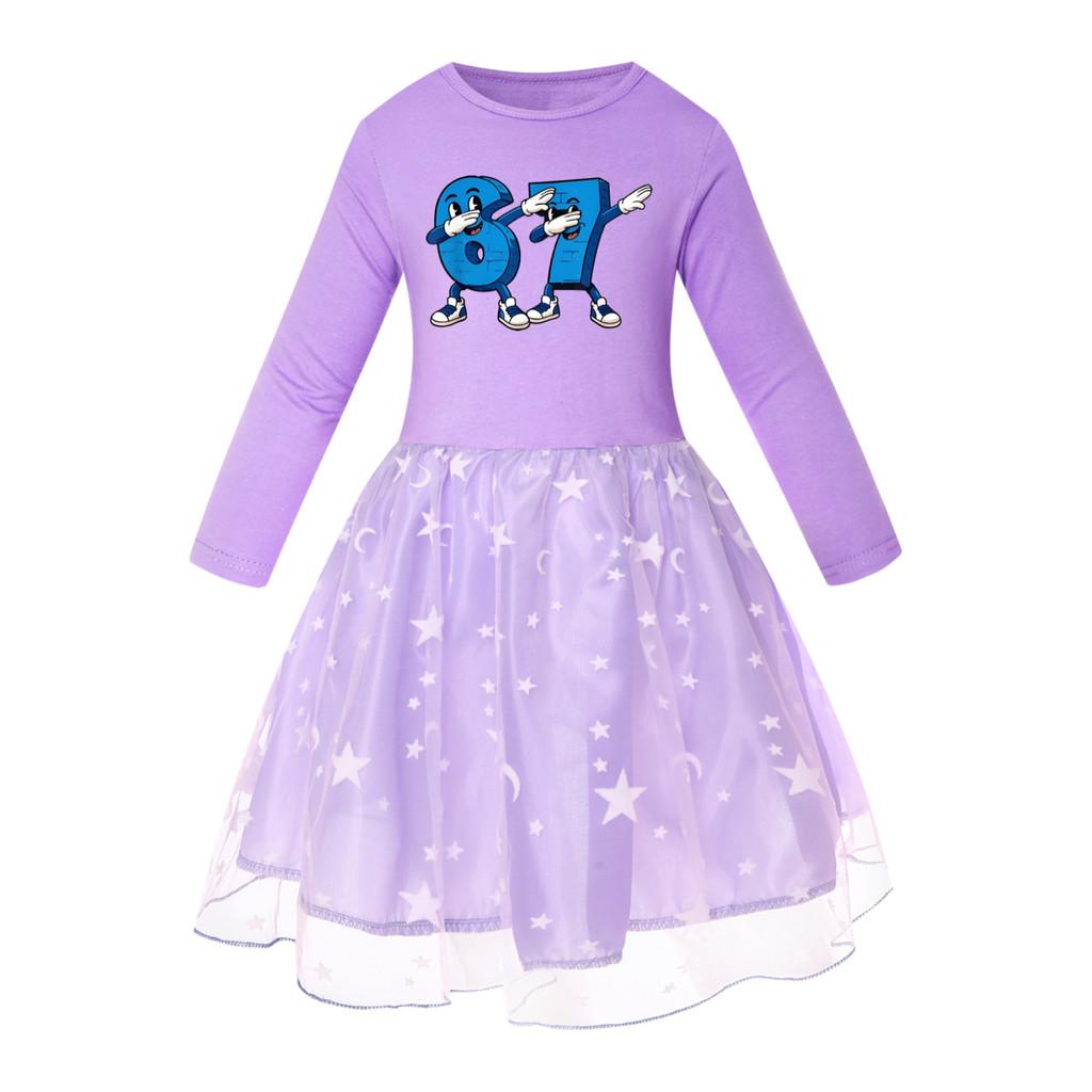 5226 Kids Girls Steal a Brainrot 67 Six Seven Print Mesh Rainbow Round Neck Casual Casual Cotton Dress