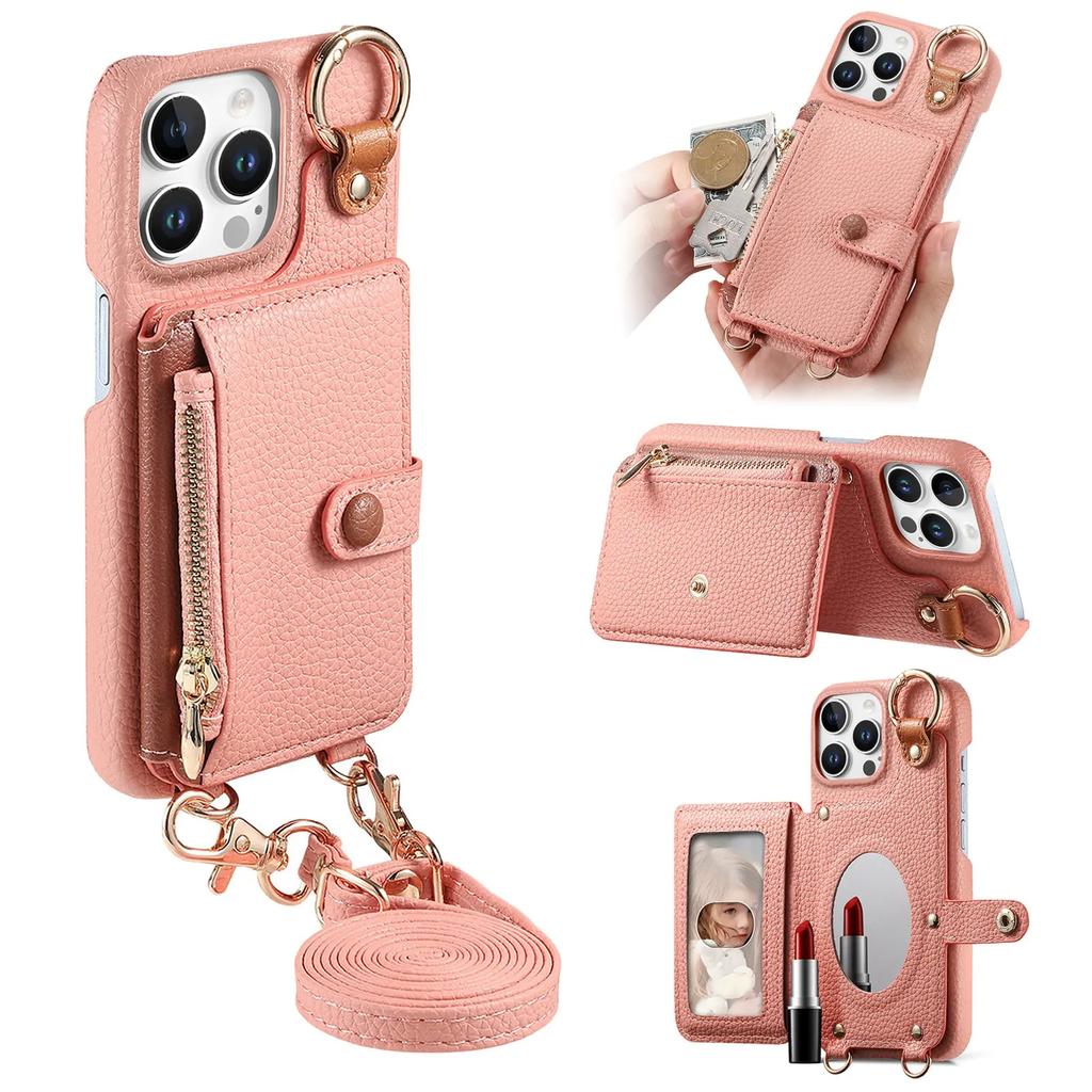 Crossbody Zipper Cards Solt Wallet Leather Case For iPhone 16 Pro Max 15 Plus 14 13 12 11 Long Lanyard Ring Holder Mirror Cover