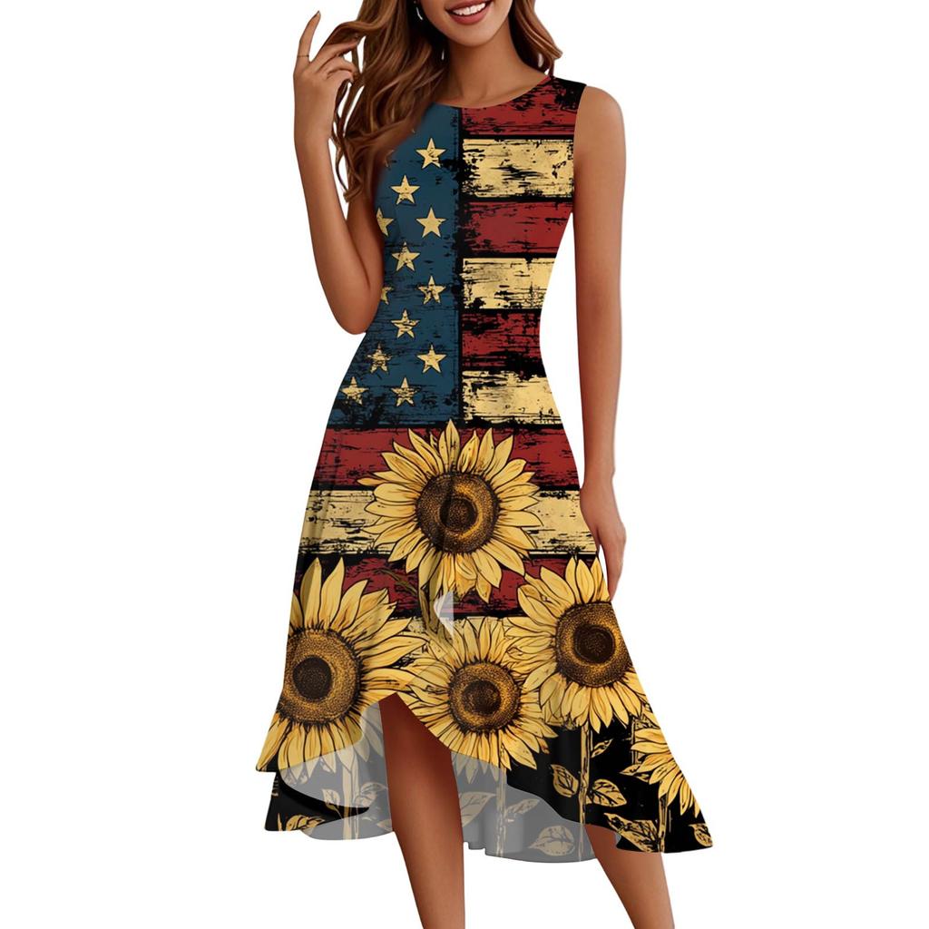 Women's Fashion Casual Zip Sleeveless Round Neck Independence Day Printed Elegant Temperament Ruffles Dress Dresses