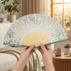 Floral Pattern Silk Bamboo Fan Translucent Decorative Fan Vintage Folding Fan Handmade Craft Handheld Fan Hanfu Fan Home Decor