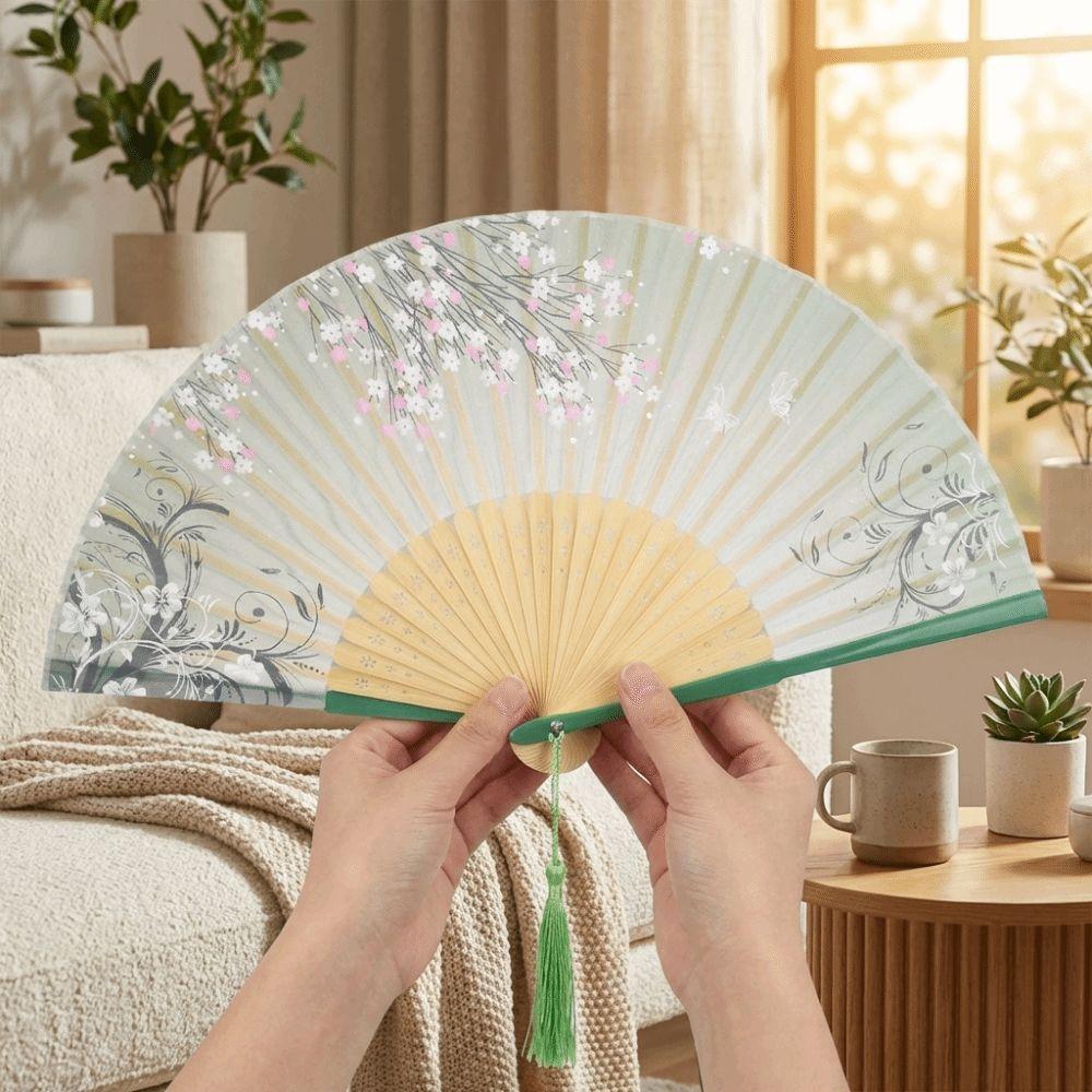Floral Pattern Silk Bamboo Fan Translucent Decorative Fan Vintage Folding Fan Handmade Craft Handheld Fan Hanfu Fan Home Decor