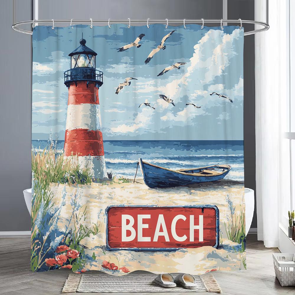 Blue Lighthouse Coastal Scenery Shower Curtain, Beach Ocean Sea Bathroom Decorative Shower Curtain, Home Curtain With Hooks