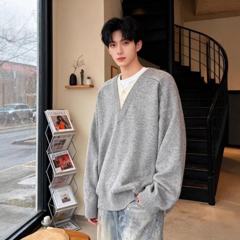 Mens V-Neck Knit Sweater Long Sleeve Loose Fit Casual Winter Pullover
