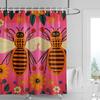 Cartoon Bienen Duschvorhang, Schwarz & Orange Streifen mit Rosa Floralem Hintergrund, Wasserdichte Badezimmerdeko für Kinder & Moderne Wohnungen