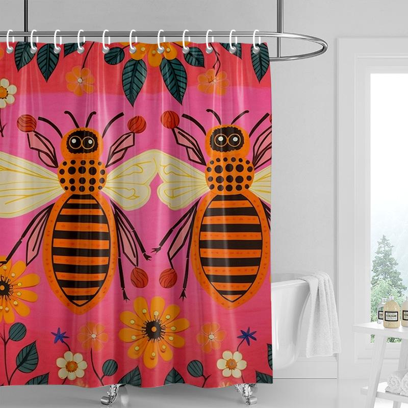 Cartoon Bienen Duschvorhang, Schwarz & Orange Streifen mit Rosa Floralem Hintergrund, Wasserdichte Badezimmerdeko für Kinder & Moderne Wohnungen