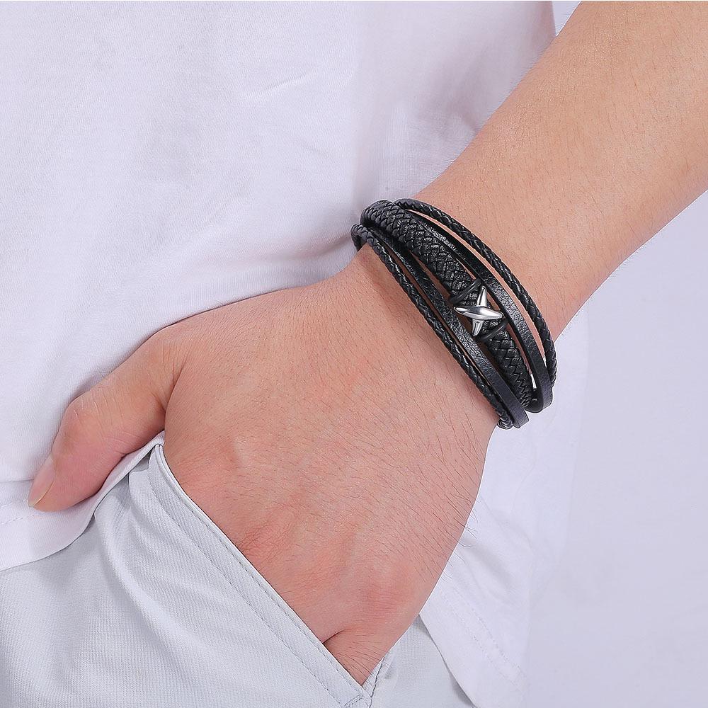 Trendy European American Multi-layer Woven Leather Bracelet with Stainless Steel Magnetic Buckle