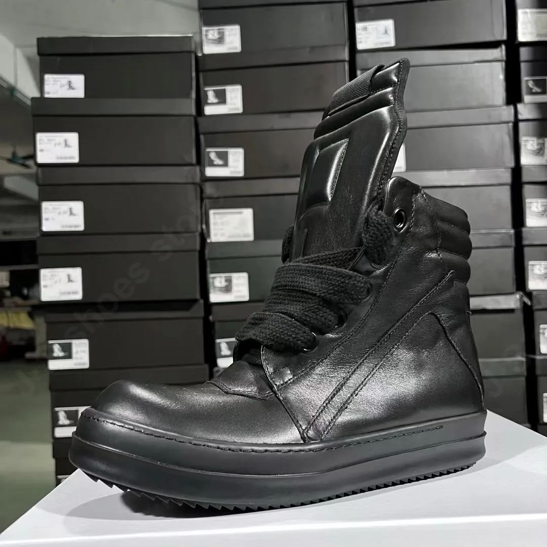 

R-o Дизайнерская мужская обувь Полностью черные кожаные ботильоны Кроссовки Хайтопы Повседневная обувь Очень широкие шнурки Молния Женские ботинки Плоские кроссовки 48 чёрный