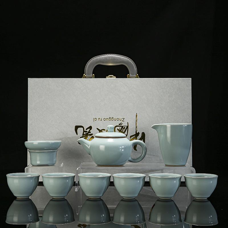 Ru kiln tea set, a full set of household kung fu tea set can be raised, opening film, annual meeting, festivals, business gifts