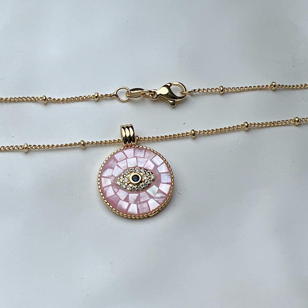 Collana alla moda con conchiglia rosa rotonda, cristallo, zircone, occhio maligno, per donna, placcata oro 18k PVD, gioielli da collo