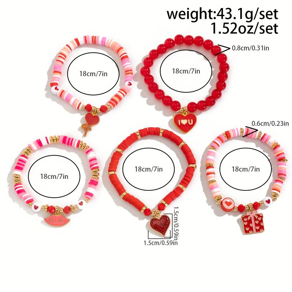 5pcs Valentine's Day Soft Clay Bead & Heart Charm Bracelets - Elastic Stretch Beads, Love Token Gift for Couples,Year-Round Wear