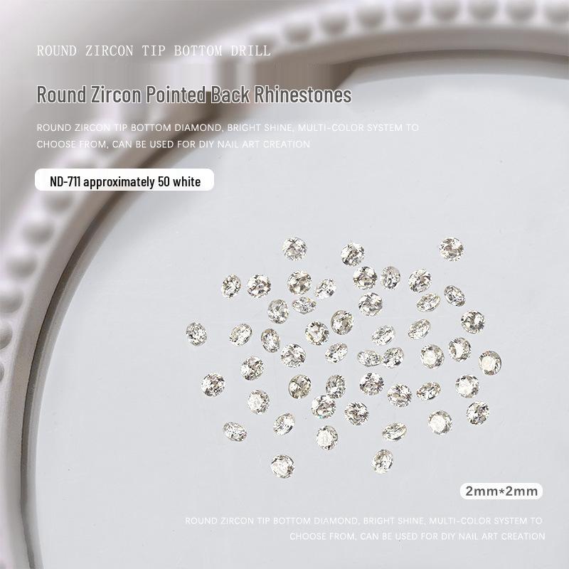 Pack of 50: 5A White Zirconia Diamond Nail Art Accessories - Round & Pointed Back Decorations