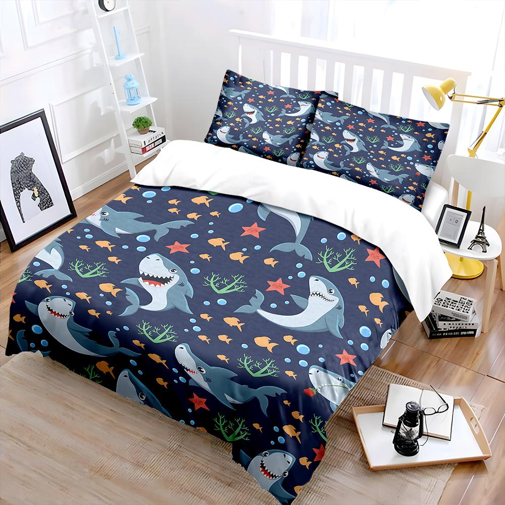 Cartoon Sharks And Ocean Elements Bedding Set For Kids Luxury Gift 3Pcs Digital Print Comforter Set Soft Comfortable Breathable