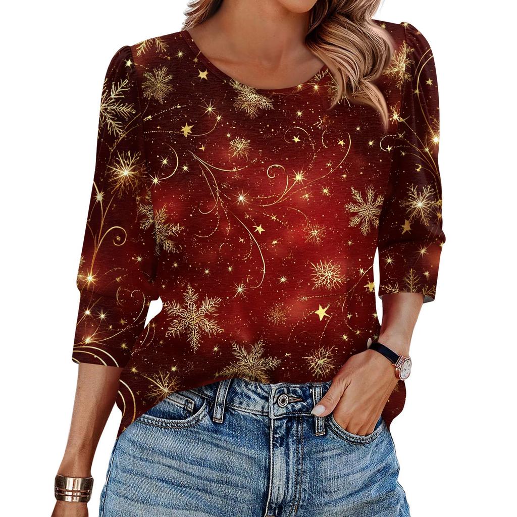 Women's Fashion Casual 3/4 Christmas Print Color Shirt Women's Round Neck Tops