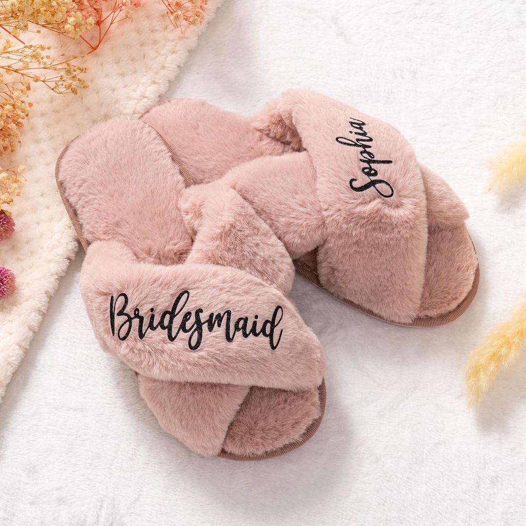Bridesmaid Fluffy Cross Plush DIY Women's Autumn/Winter Couple Slippers
