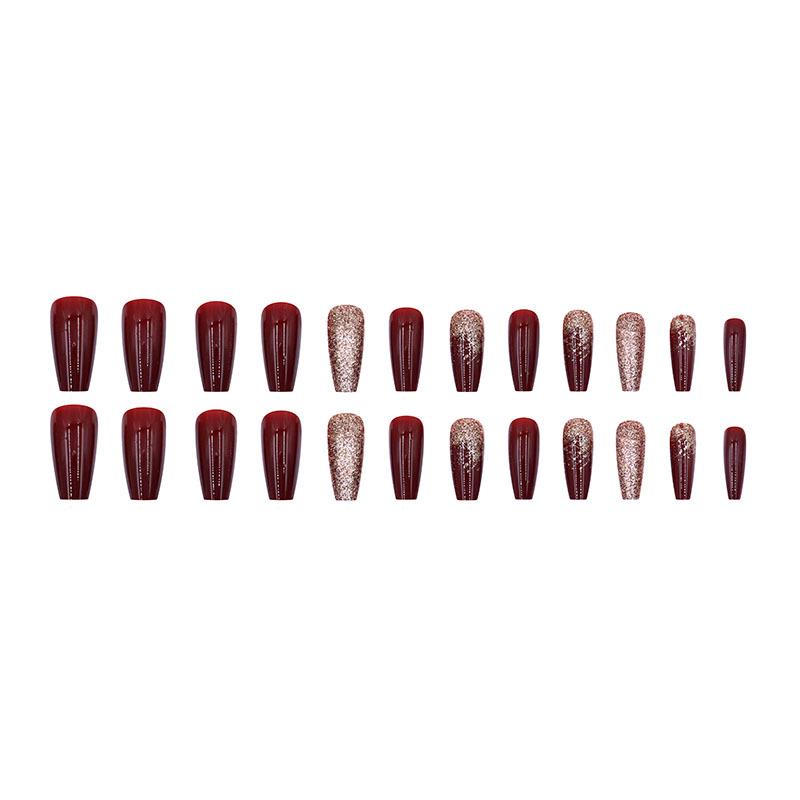 European and American Style Wine Red Bride Nail Art Set with Gold Glitter - 24 Reusable Pieces
