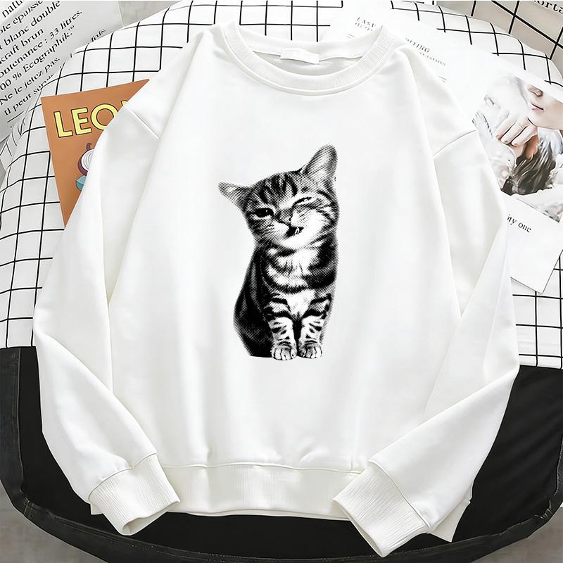 Fun Cat Diagram Print Pullovers Autumn Basics Sweatshirt Loose Street Women Clothing Fashion Oversize Long Sleeved Crew Neck Pullover