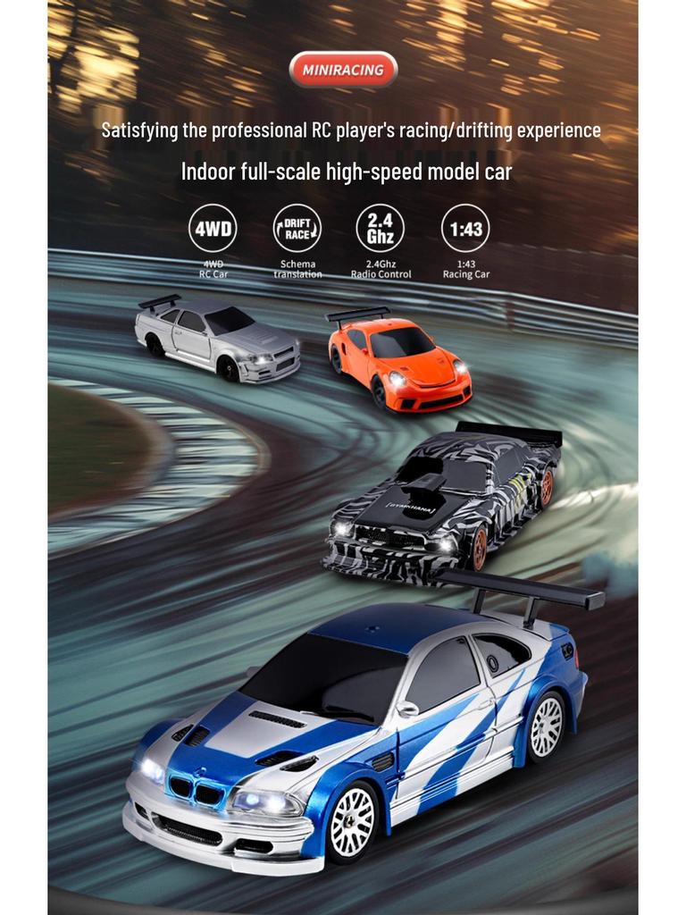 1:43 Scale Four-Wheel Drive Drift RC Car, Rechargeable Electric Mini Racing Toy for Kids