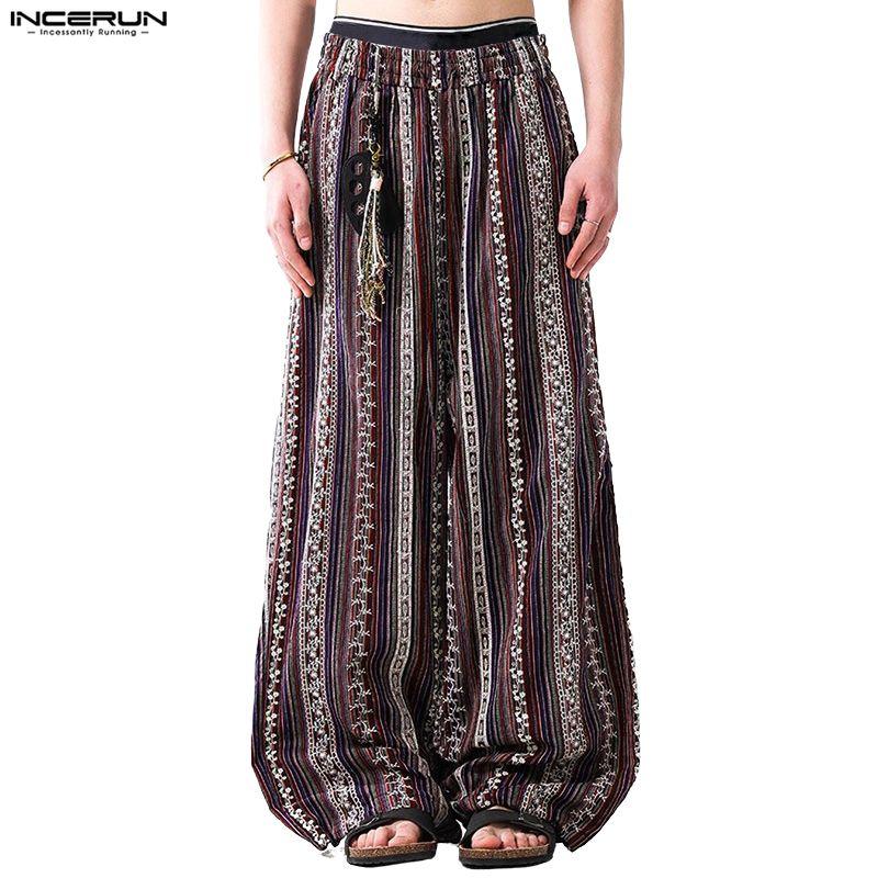 INCERUN Bohemia Men Elastic Waist Casual Long Floral Print Baggy Trousers Pants