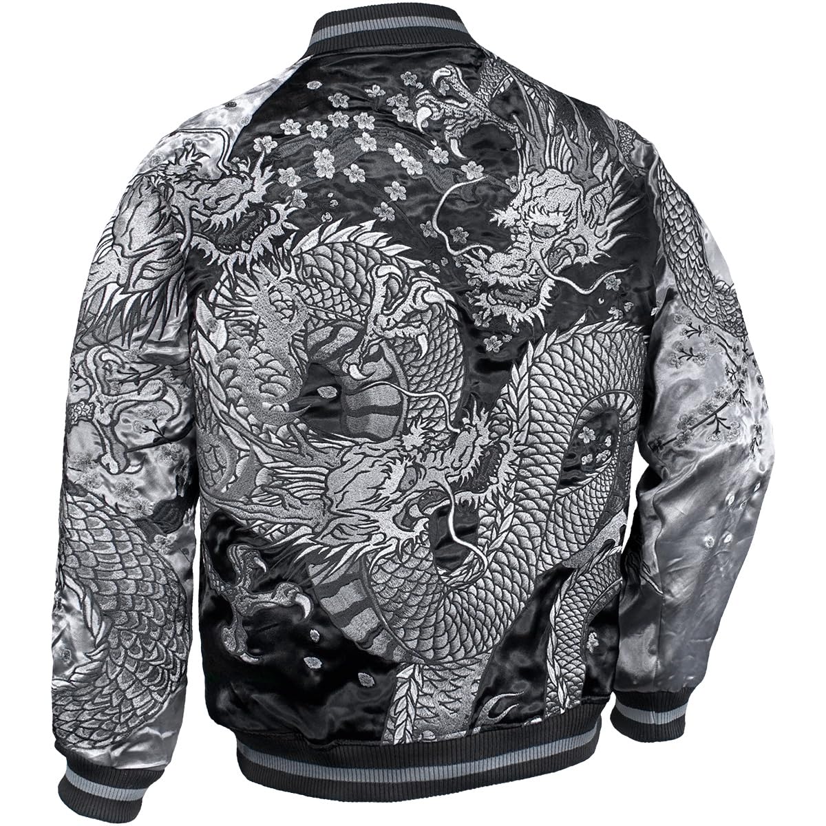

Karakuridama Toh Sukajan Dragon Japanese Pattern Reversible Embroidered Full Zip Satin Glossy Blouson Silver Black 241038 M [Karakuridama]