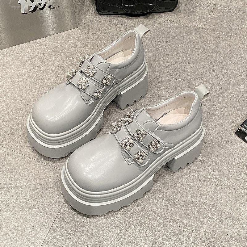 2025 Spring and Autumn New Korean Version of Small Leather Shoes Fashionable Versatile Rhinestone Flower Platform Super High Heel Single Shoes Wom