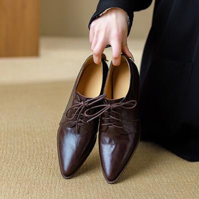 Fashion NEW Spring/Autumn Women Pumps Pointed Toe Chunky Heel Shoes Genuine Leather Shoes for Women Casaul Lace-up Black Women Shoes