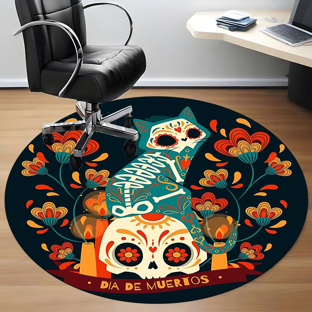 1pc Dia De Muertos, Cat Sugar Skull Office Round Area Rug,  Mat Suitable For Office, Under Office Chairs Bedroom Living Room Home Decor, Room Deco