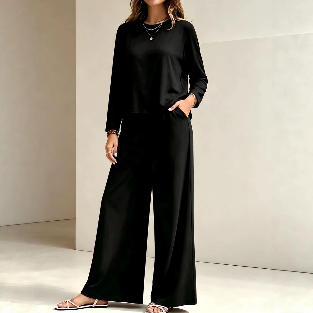 2026 spring and summer new cross-border women's clothing round neck long sleeve high waist wide leg pants fashion casual suit