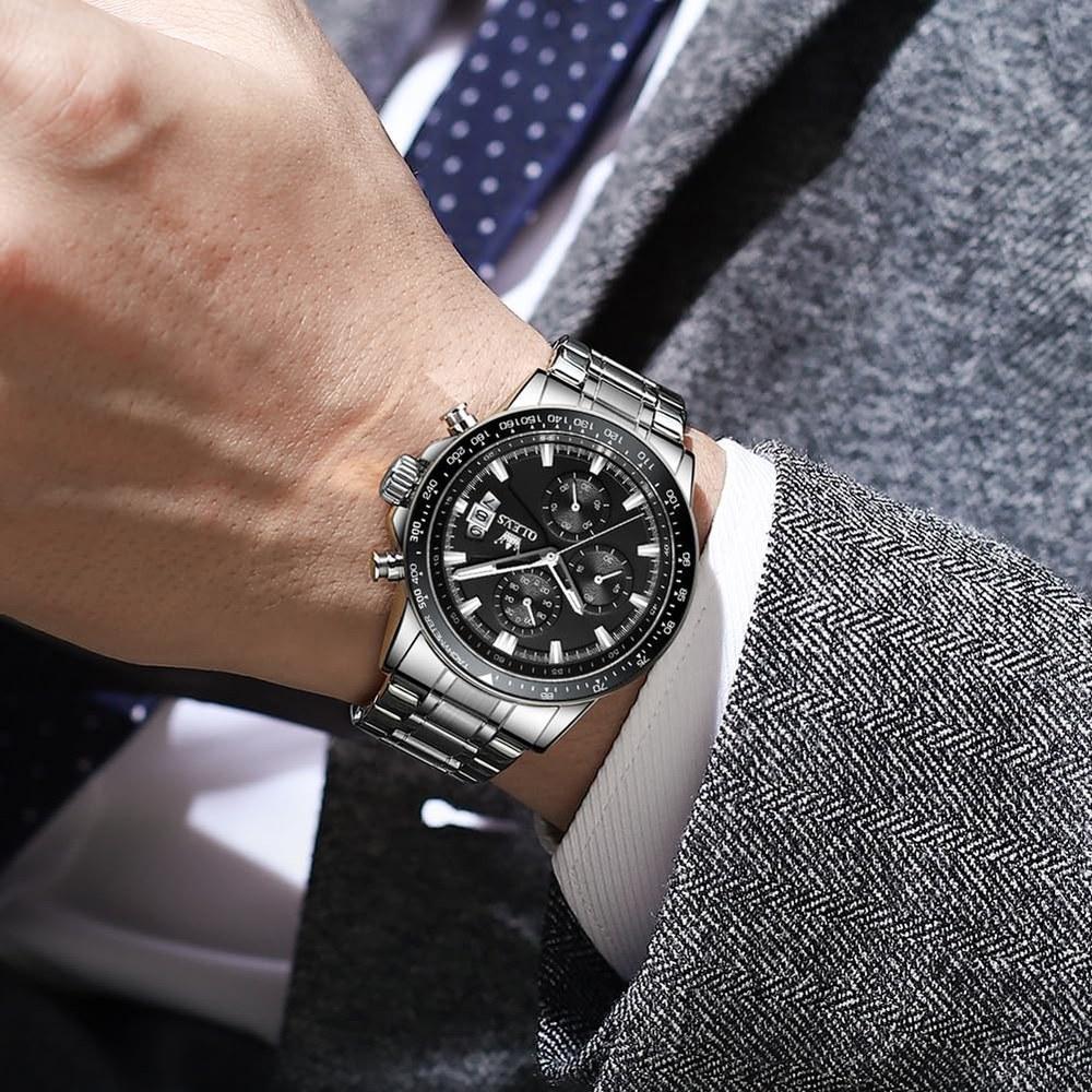 OLEVS Men's Quartz Watch Multi-Function Stainless Steel Waterproof Analog Watch Luminous Hands Date Display Black Fashionable
