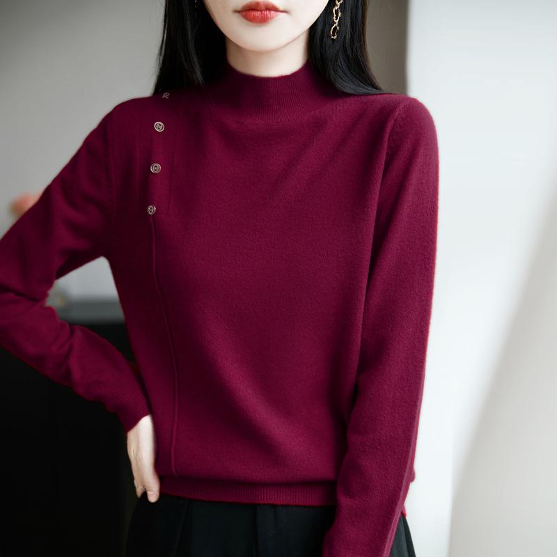 Women's Mock Neck Knit Sweater Button Decor Long Sleeve Solid Color Base Layer Top