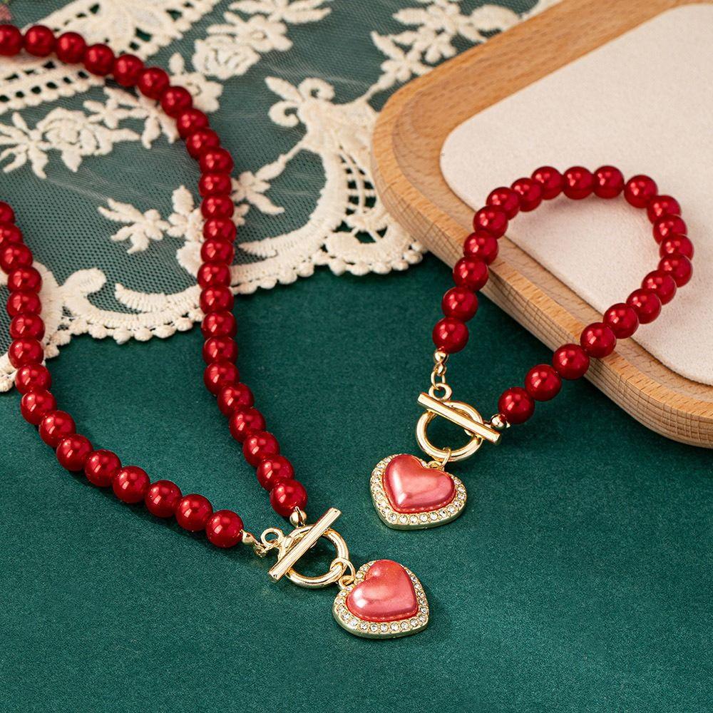 Exquisite Heart Pendant Jewelry Set Beaded Pearl Necklace Set Necklace Bracelet Set  Wedding Party