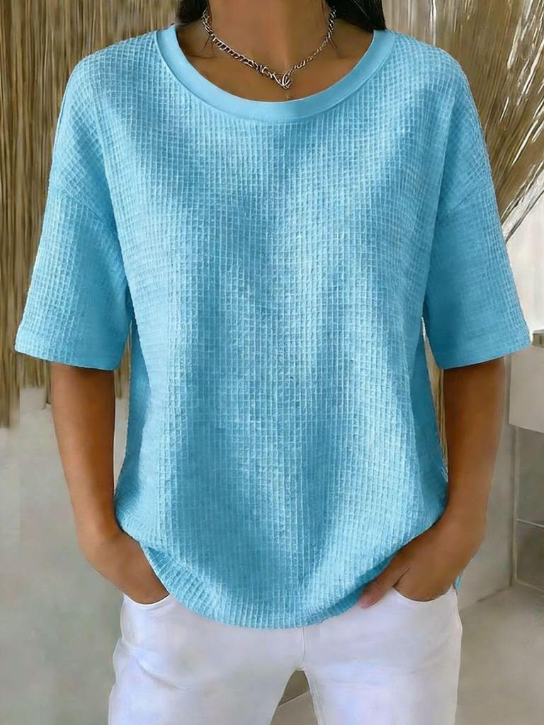 2026 Summer New Fashion: Simple Solid Color Waffle Knit Round Neck Short Sleeve Top