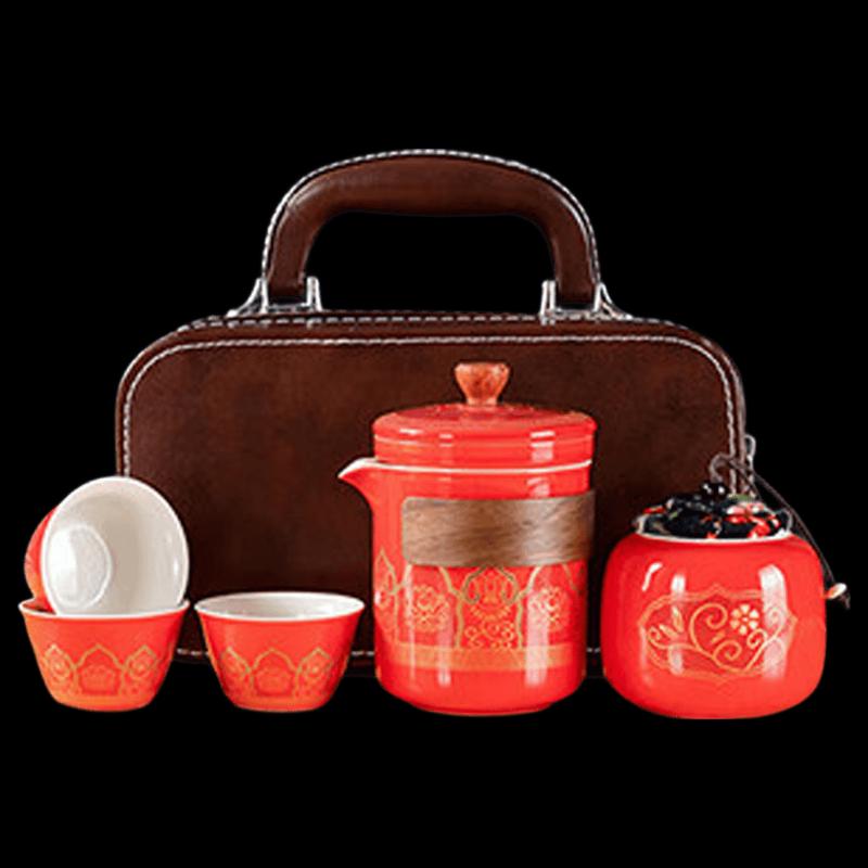 Portable Ceramic Travel Kung Fu Tea Set with Leather Bag