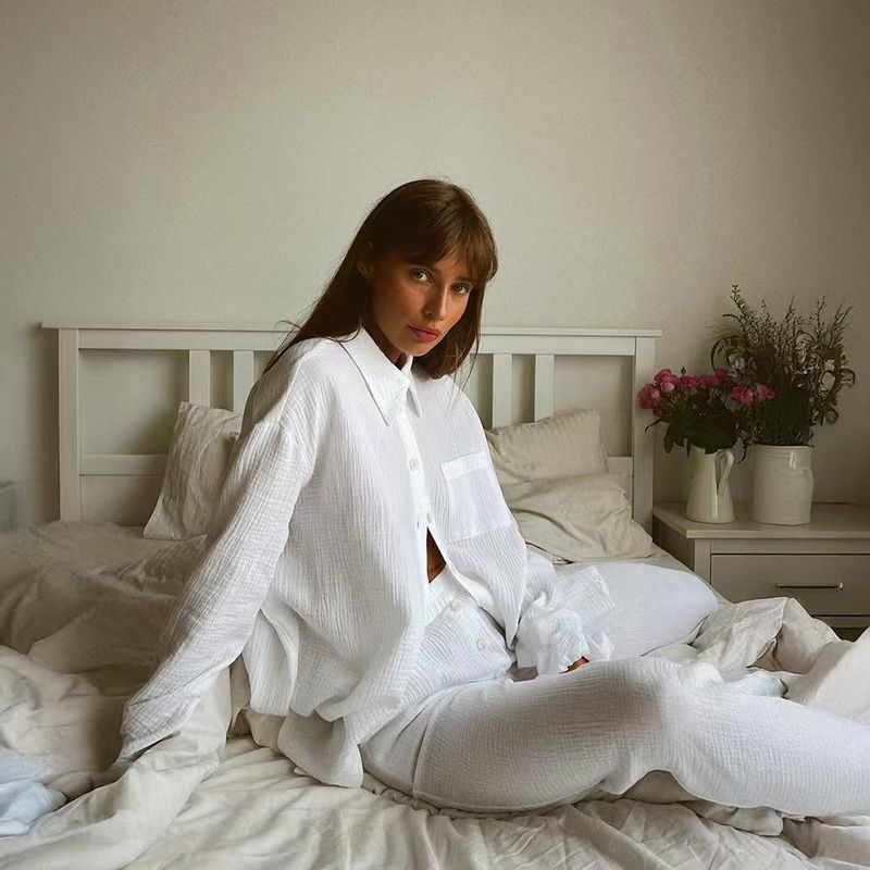 

Fashion Style New Arrival Stylish Temperament Long Sleeves Wrinkled Cotton Shirt Pants Suit Shirt and Shorts Set White M