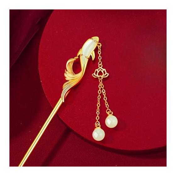 Kanzashi Hair Stick with Flower and Pearl Charm - Koi Design, Cubic Zirconia, 16cm, Gift